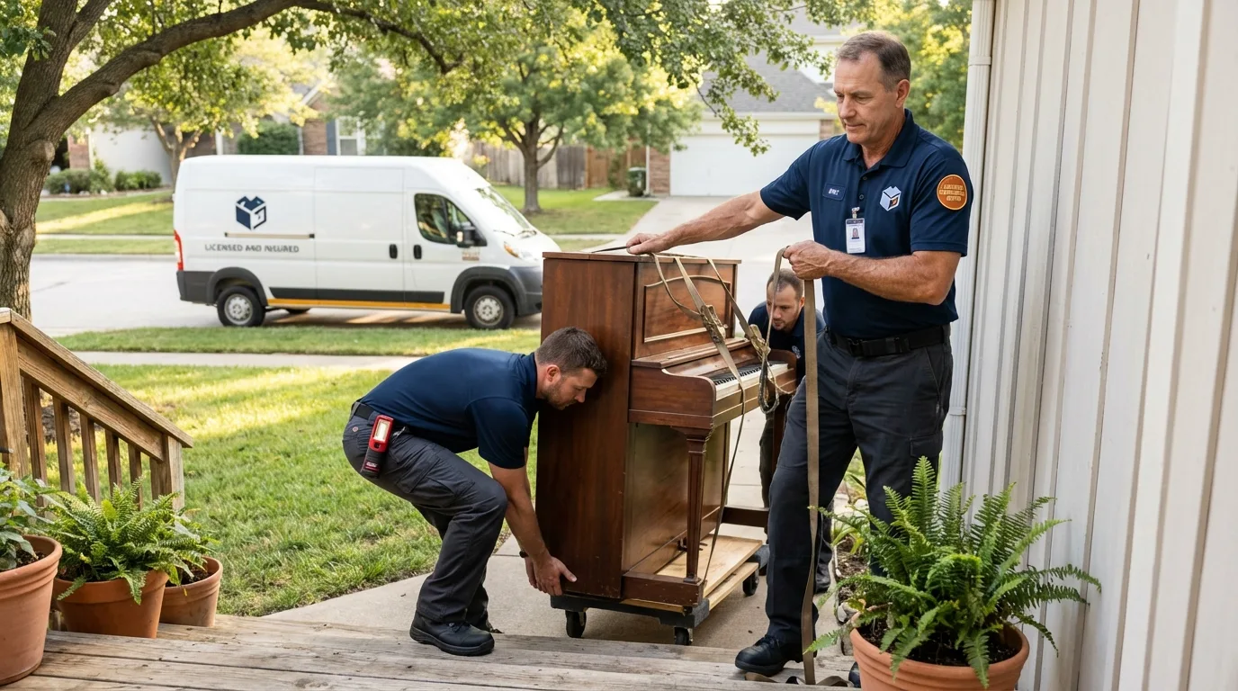 Licensed piano movers securing grand piano in Spangler, PA