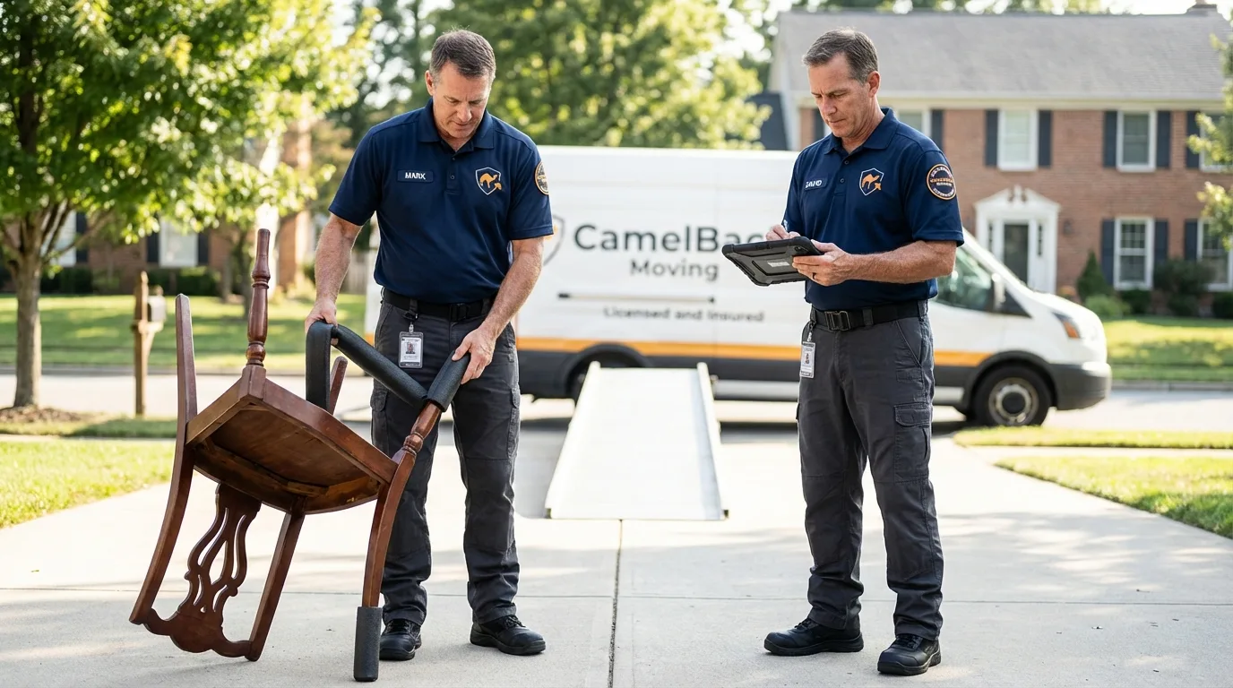 Movers inspecting furniture for damage prevention before loading in Spangler, PA