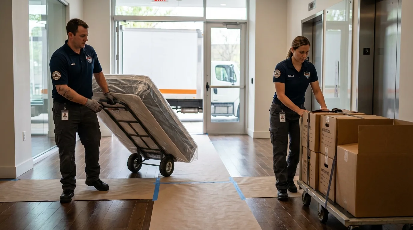 Professional apartment movers loading elevator in Spangler, PA
